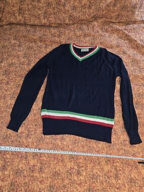 POL Men's Navy V-Neck  Sweater with Red, White & Green Stripes.  Can Be Unisex.